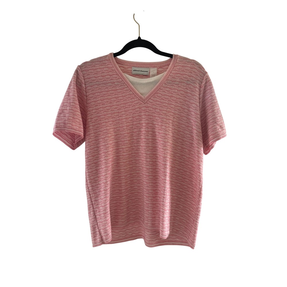 Alfred Dunner Womens Pink White Textured Knit V-Neck Short Sleeve Top Size L USA